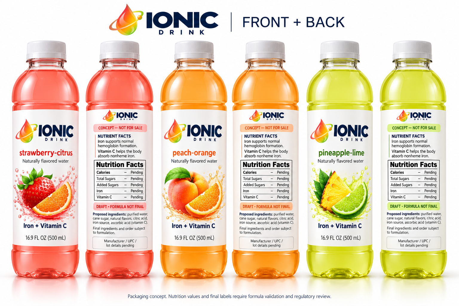 Ionic Drink front and back bottle concepts in strawberry-citrus, peach-orange and pineapple-lime